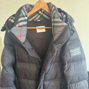Burberry Black Quilted Down Jacket with Grey & Red Check Collar